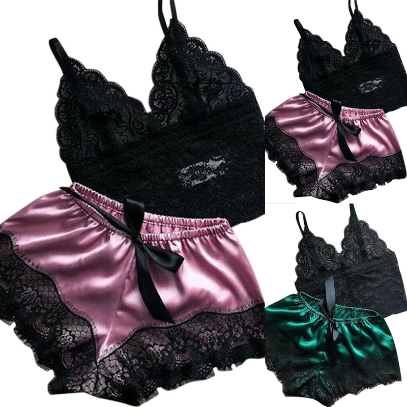 2PCS Damen Spitze Nachtwäsche Dessous Tops Shorts Set Babydoll Casual Pyjamas Nachtwäsche