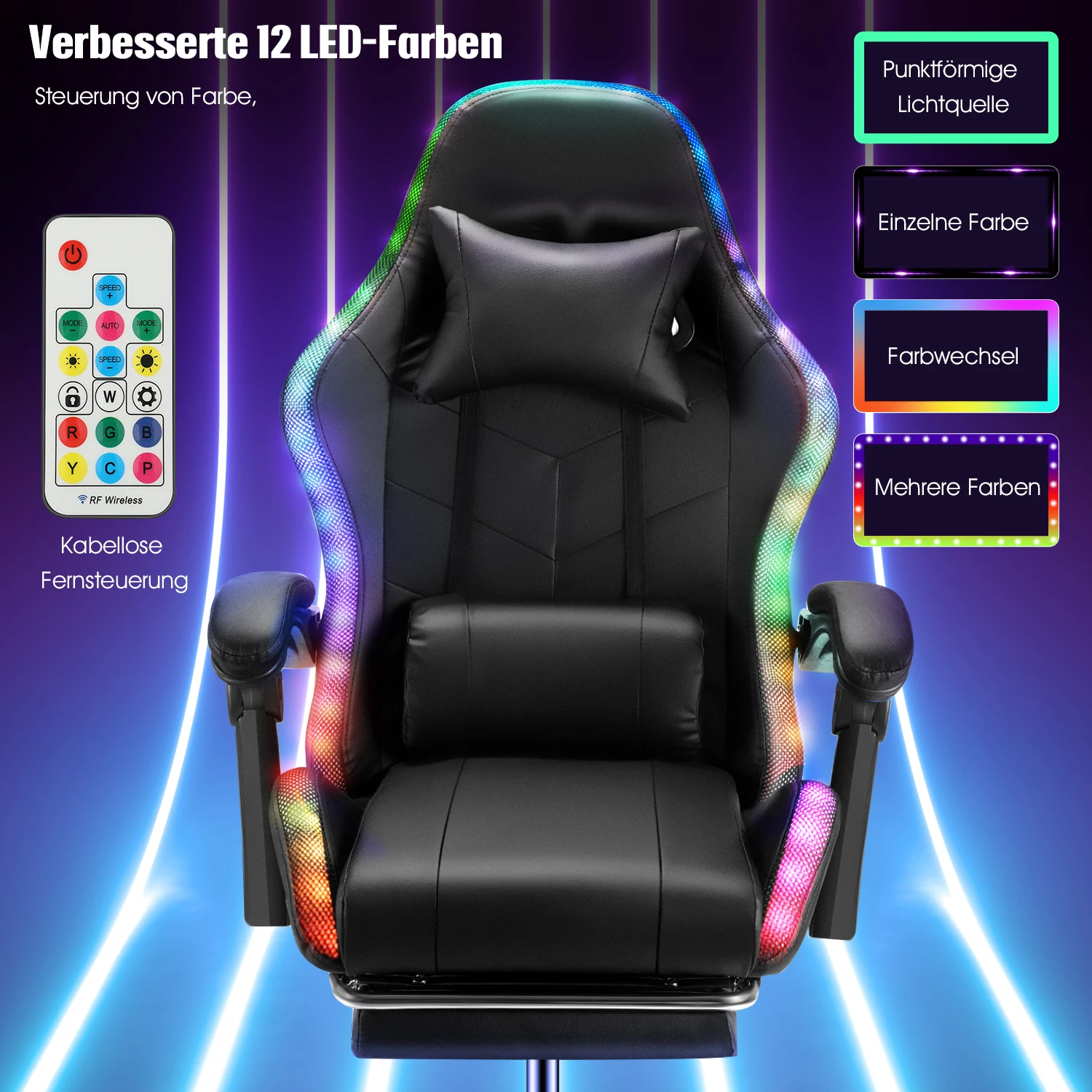 Sedia da gioco con luci a LED, altoparlanti Bluetooth, sedia da gioco ergonomica RGB per adulti, computer reclinabile regolabile in altezza