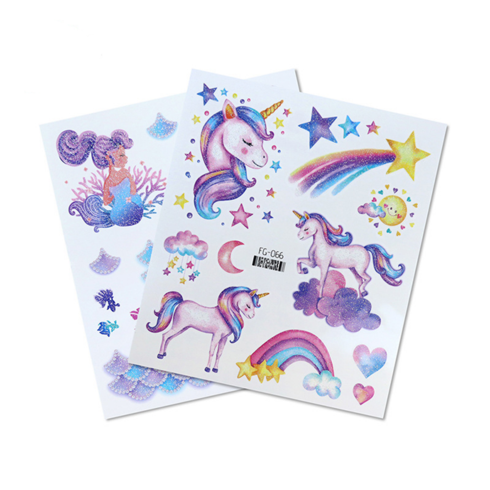 12 Uds. Tatuaje temporal resistente al agua de unicornio y sirena con purpurina, tatuaje Flash de arcoíris de dibujos animados para niños, tatuajes falsos de arte corporal para brazo