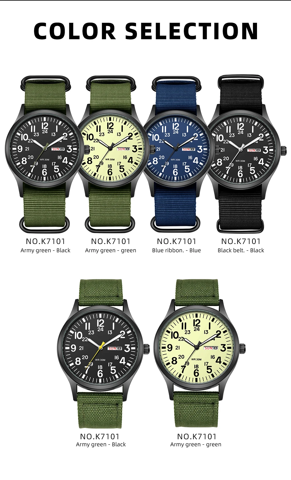 Montre de terrain TPW 2024, bracelet en tissu à lecture facile, affichage 24 heures, mouvement à Quartz