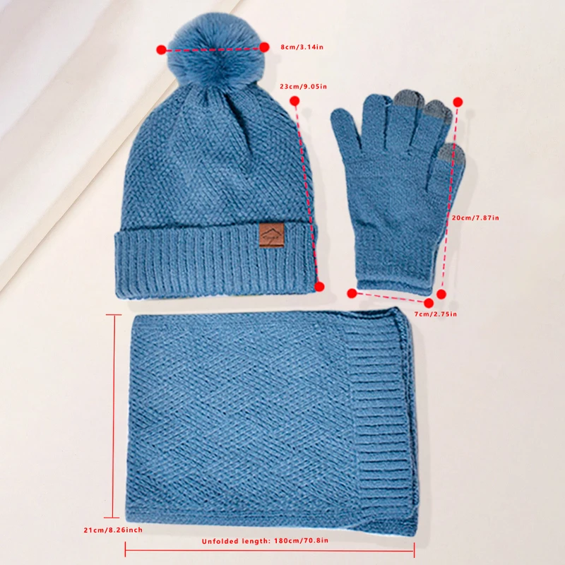 3 teile/satz Winter Beanie Hut Schal Touchscreen Handschuhe Set für Frauen Warme Stricken Fleece Gefüttert Hut Set Leder Label Pelz ball Kappe