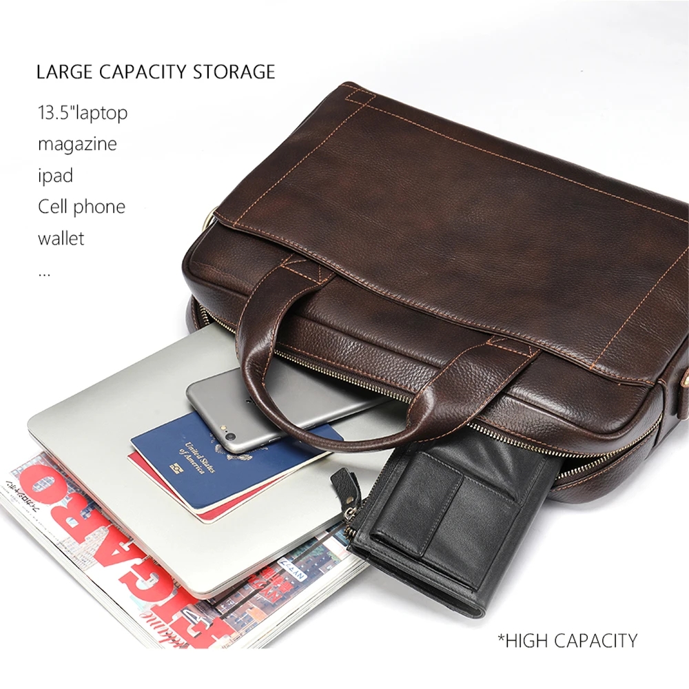Soft Men's Business Briefcase Genuine Leather 14" Laptop Handbag Male A4 Document Shoulder Message Computer Bag Work Tote