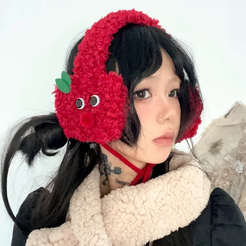 Orejeras de felpa roja con diseño en forma de manzana para mujer, protección para los oídos cálida, correas versátiles, diadema de moda, Otoño e Invierno