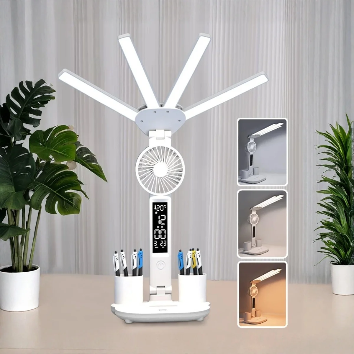 โคมไฟตั้งโต๊ะ LED 3 สี พร้อมพัดลมและนาฬิกา โคมไฟอเนกประสงค์แบบพับได้ 4 หัว ชาร์จผ่าน USB สำหรับอ่านหนังสือและเป็นไฟกลางคืน