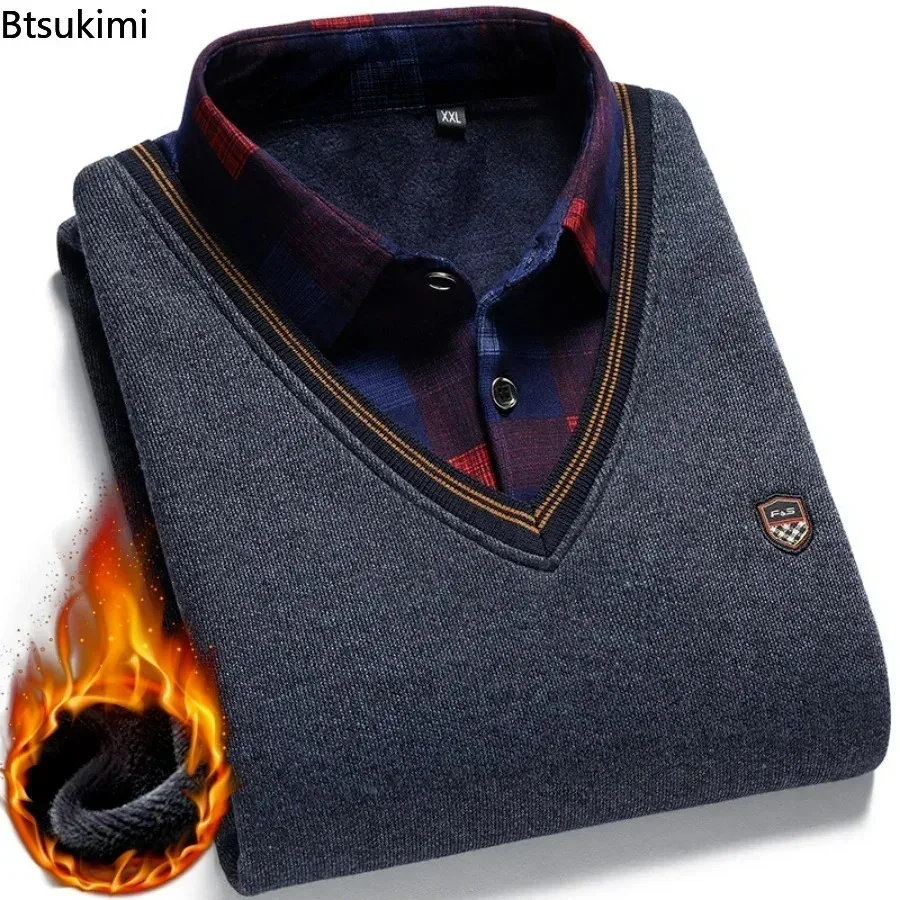 เสื้อสเวตเตอร์คอปกเชิ้ตสำหรับผู้ชาย, เสื้อสเวตเตอร์คอปกันหนาวสีพื้นหนาขนแกะอบอุ่นใส่ได้หลายโอกาส2024ใหม่ฤดูใบไม้ร่วงฤดูหนาว