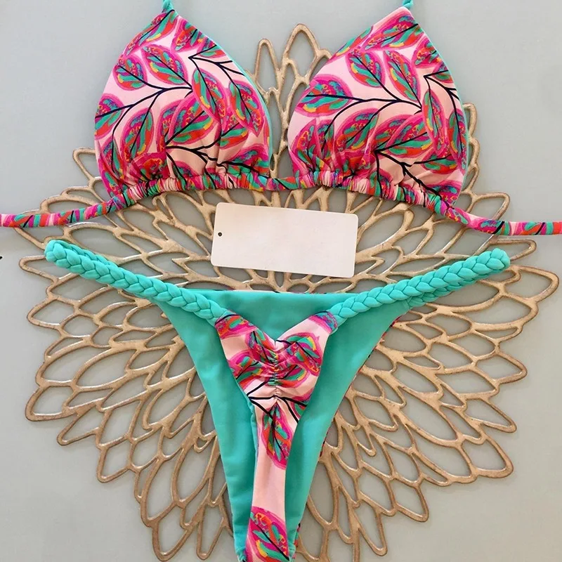 Biquíni feminino folhas impressão maiô 2023 biquini feminino conjunto de biquíni brasileiro banho sexy tanga cintura alta maiô