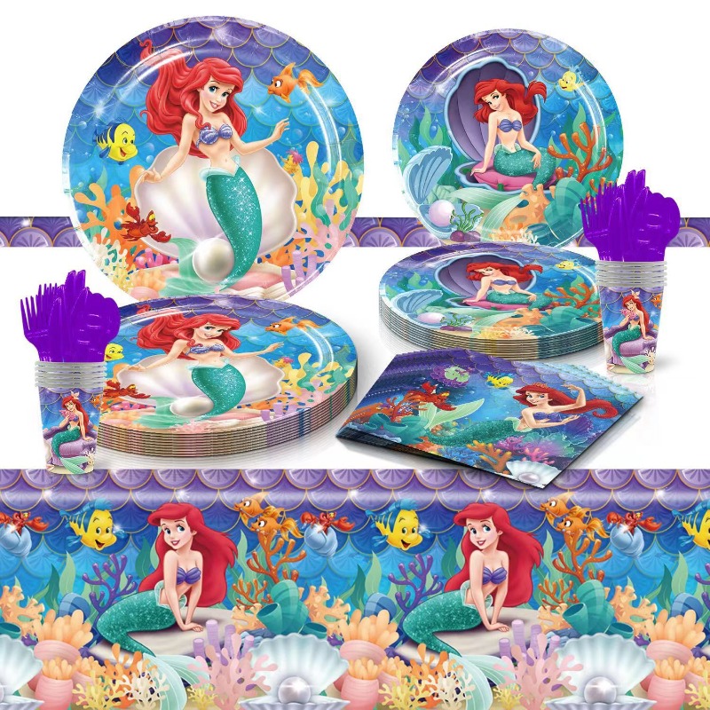 Disney Little Mermaid Theme Girl's Birthday Party Banner Paper Cup Balloon Table Cloth