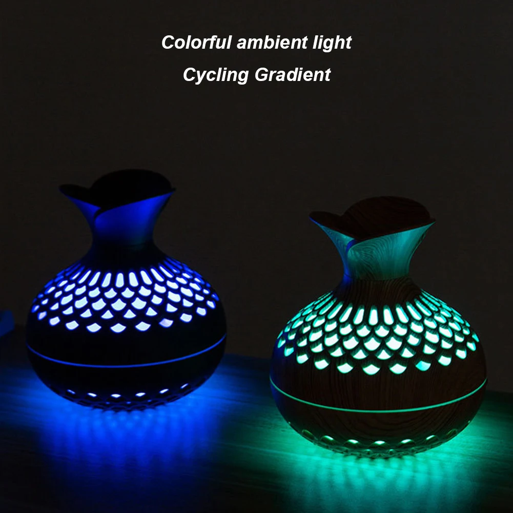 300 ml Luftbefeuchter mit Holzmaserung und Blumen, leiser Aromatherapie-Diffusor, wiederaufladbarer USB-Mini-Luftbefeuchter mit buntem Nachtlicht