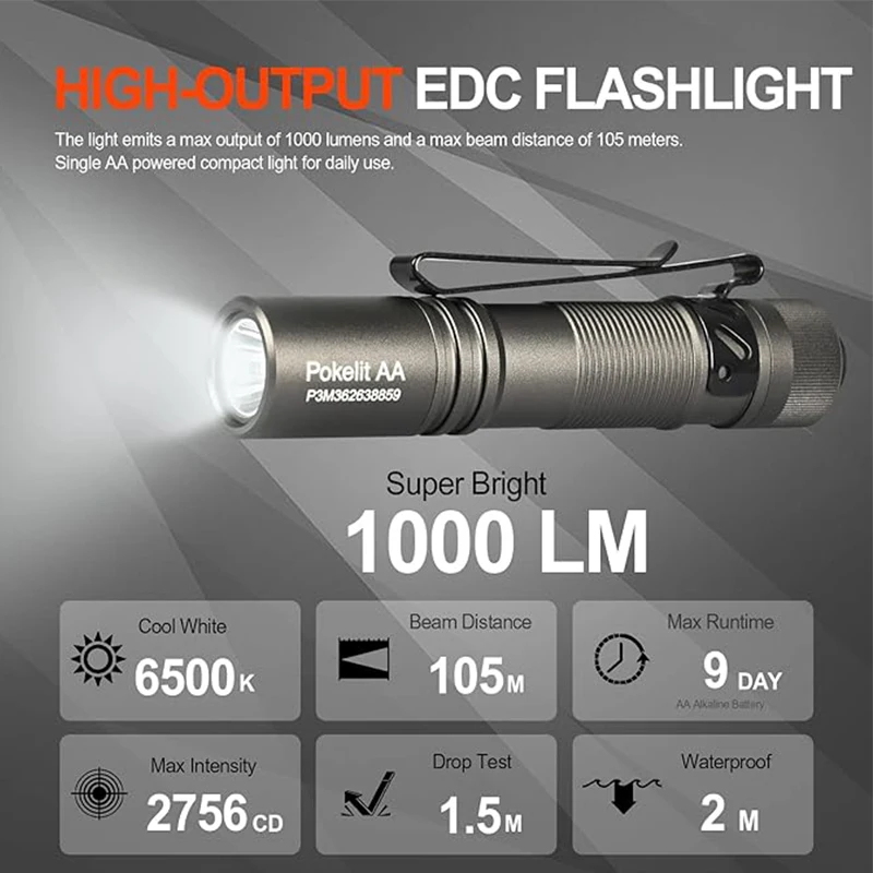 ACEBEAM Pokelit AA EDC flashlight 1000 lumens USB-C rechargeable 14500 batte IP68 small pocket LED flashlight for everyday carry