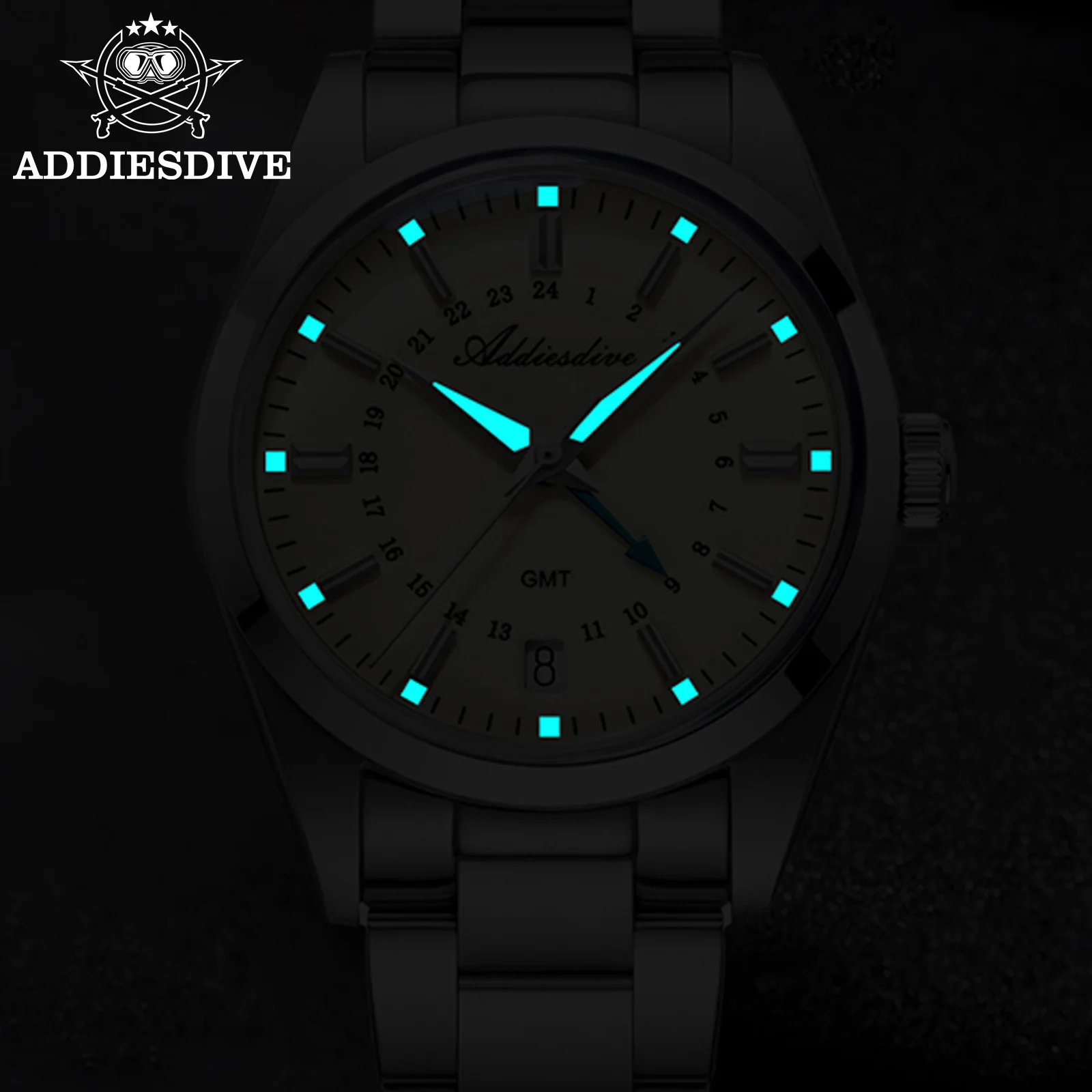 Addiesdive-男性と女性のためのクォーツ腕時計,カップル腕時計,防水,発光スチール,日付,gmt,ファッション,bgw9,100m, 36mm