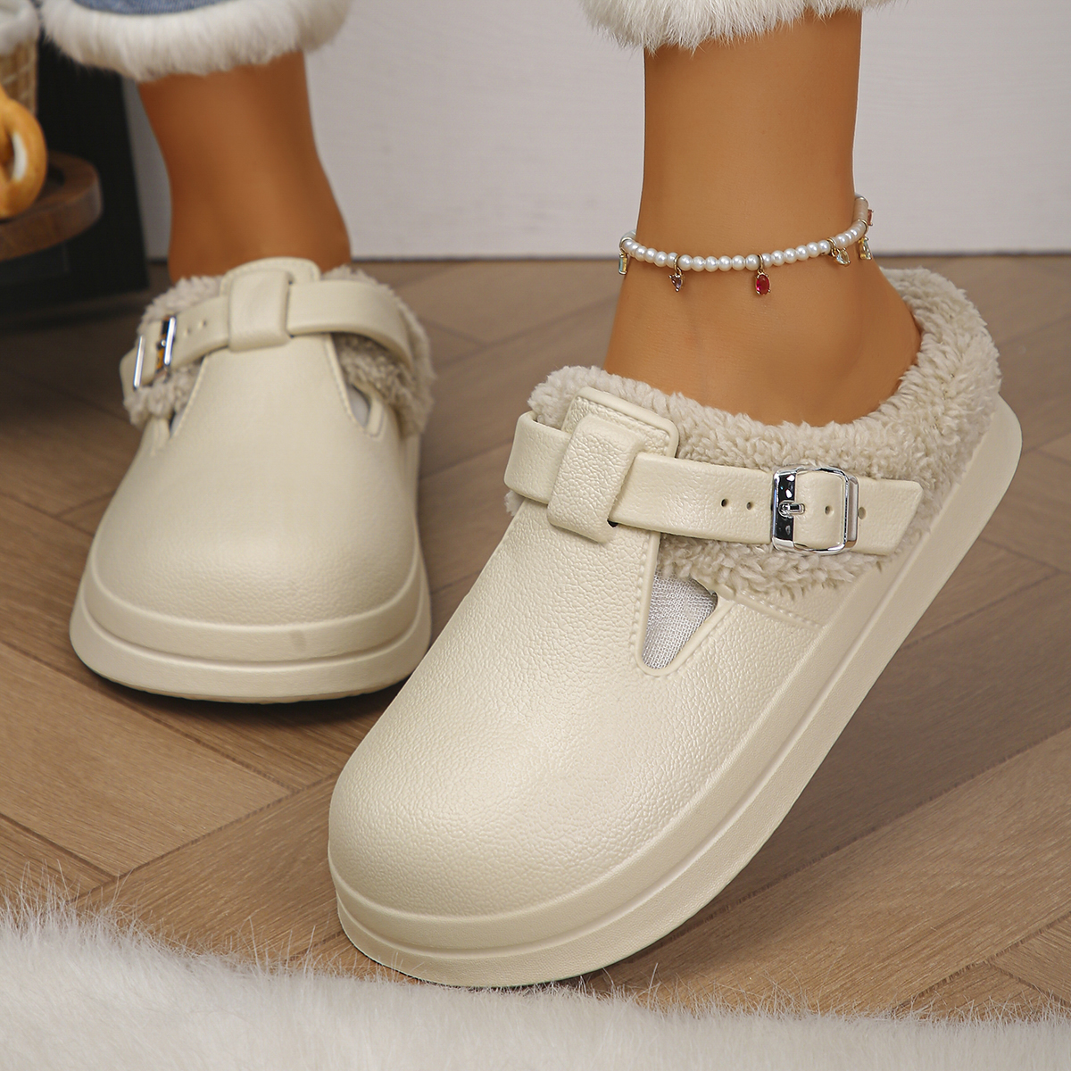 À prova dwaterproof água eva peludo mules chinelos feminino 2025 inverno fivela de metal quente chinelos de pelúcia macio fundo grosso não deslizamento slides internos