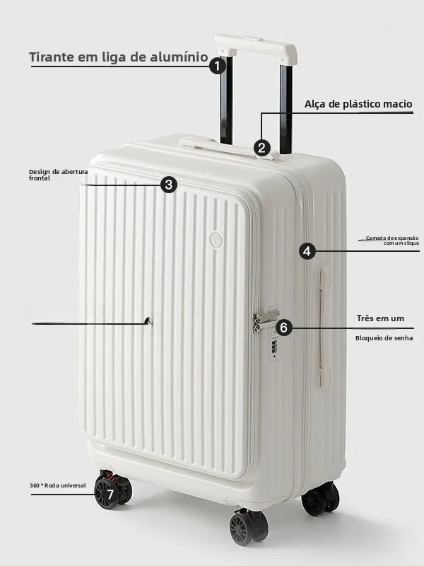 Mala de Viagem com ande Capacidade, Tampa Flip, Abertura Lateral Silenciosa, Expansível, 20 Polegadas, com Cabo Retrátil