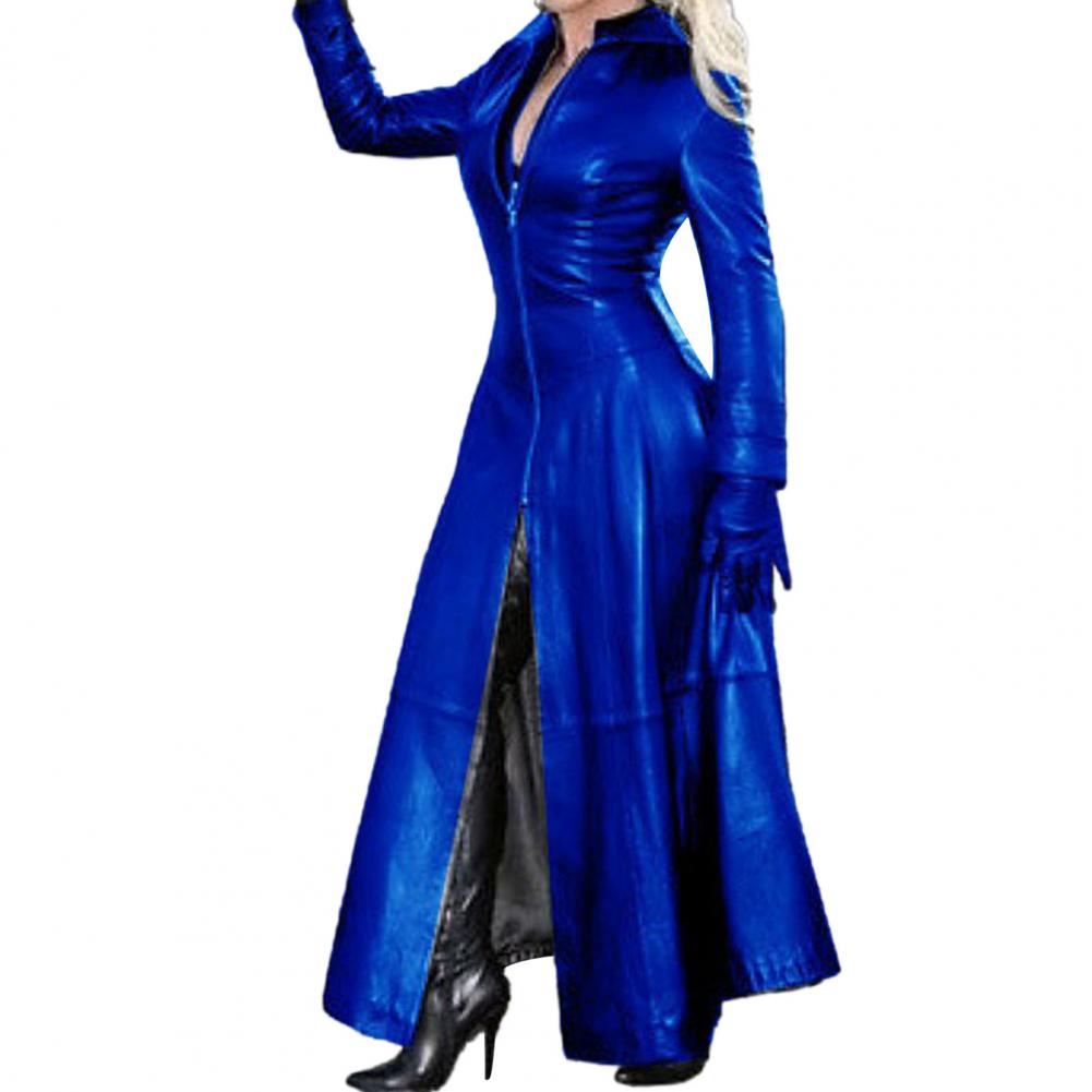 Lose Lederjacke Graben Frauen Revers Kragen Reißverschluss Cyberpunk Mantel Enge Taille Split Saum Herbst Winter Lange Jacke PU