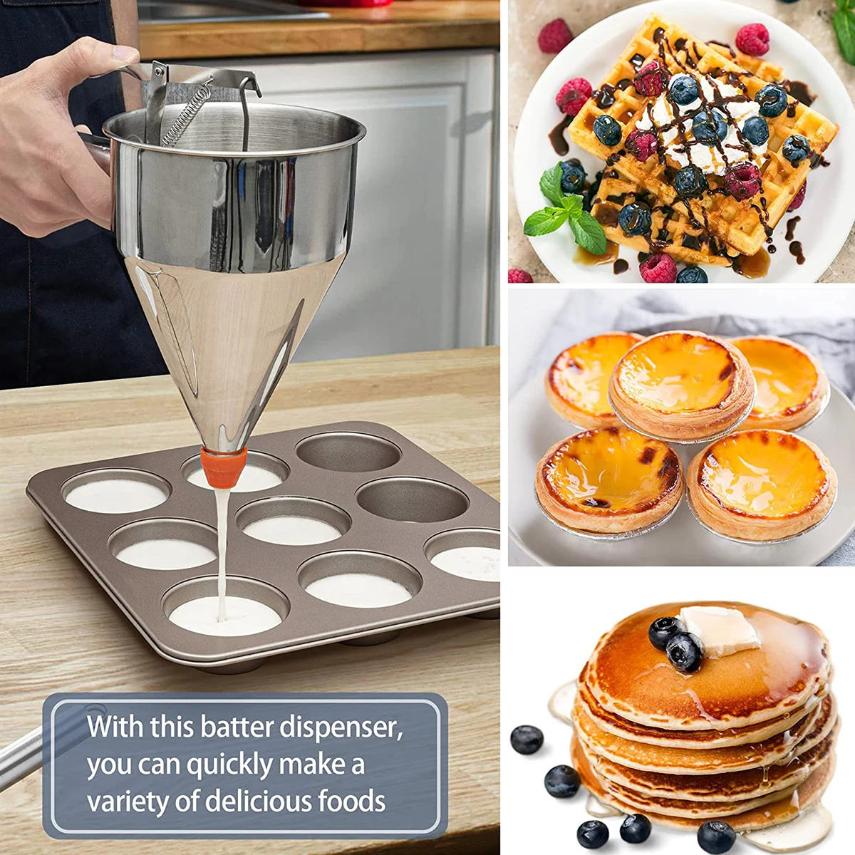 Dispenser adonan Pancake, alat dapur Multi kaliber baja tahan karat dengan dudukan untuk membuat kue mangkuk