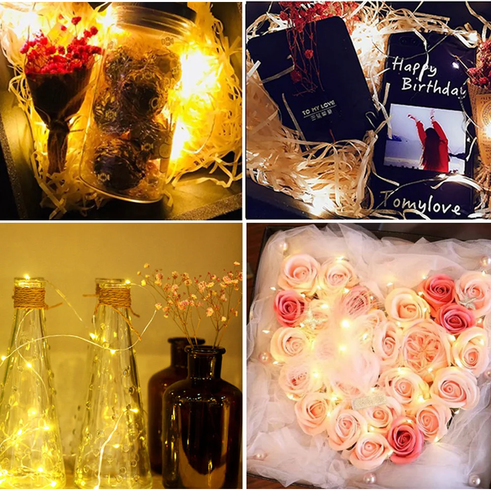 ไฟ LED Fairy แบตเตอรี่ดําเนินการทองแดงสายไฟ String DIY คริสต์มาสงานแต่งงานตกแต่งห้องนอน Garland ไฟ