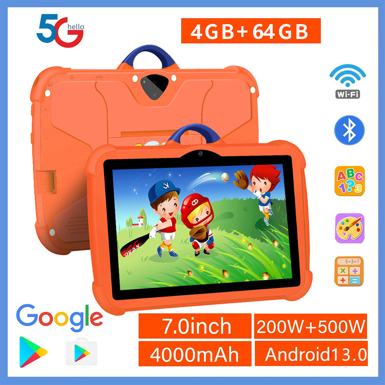 Novo 5g wifi 7 Polegada google tablet para crianças aprendendo educação crianças comprimidos android 13 quad core 4gb + 64gb câmeras duplas 4000mah