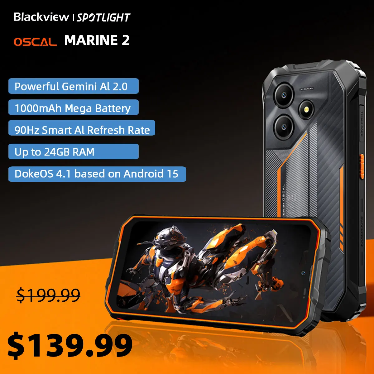 Blackview OSCAL Marine 2 Rugged Phone 8 GB di RAM 256 GB Smartphone AI Batteria 11000 mAh Display HD+ da 6,56" Unisoc T61 Android 15 NFC