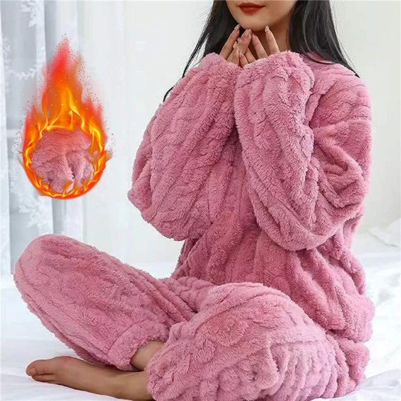 Damen-Pyjama-Set, Winter-Korallensamt-Homewear, samtverdickter zweiteiliger Heimanzug, flauschiger Freizeit-Pyjama mit O-Ausschnitt
