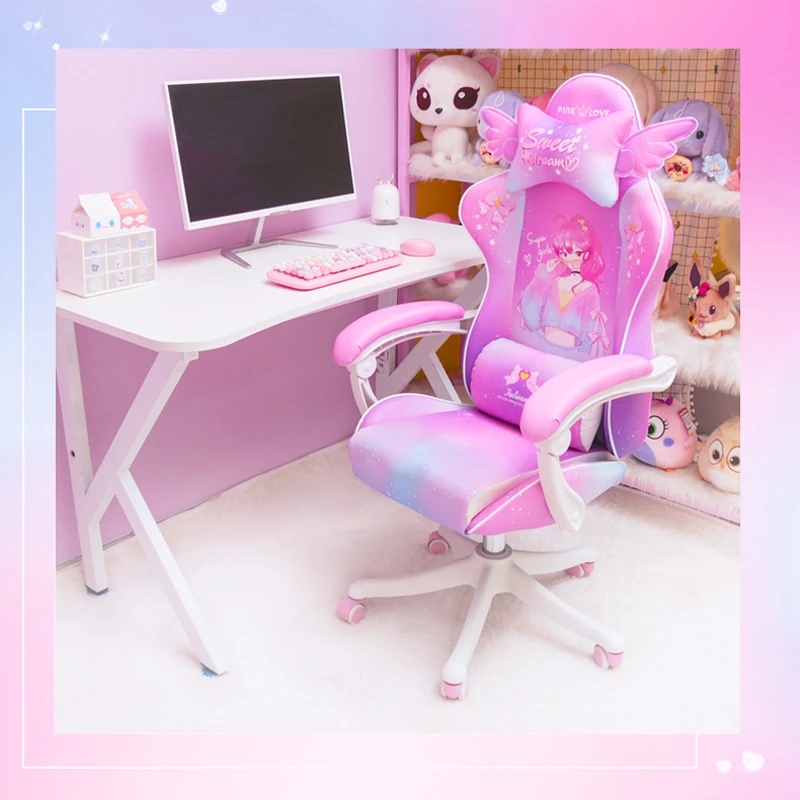 เบาะยางสำหรับยกและหมุนได้สำนักงานบ้าน Kursi GAMING การ์ตูนอนิเมะสีชมพูเก้าอี้คอมพิวเตอร์สำหรับการแข่งขันกีฬาอิเล็กทรอนิกส์