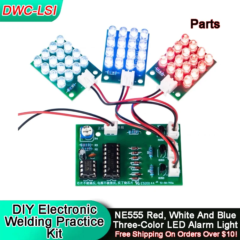 Kit di pratica di saldatura elettronica fai-da-te NE555 Kit di progettazione di produzione del modulo stroboscopico con luce di allarme LED flash rosso, bianco e blu