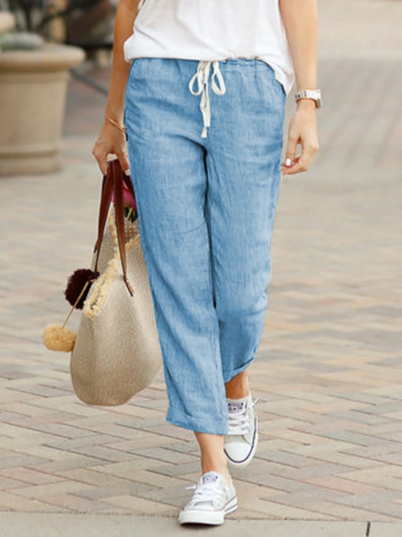 Pantalón elegante liso y sencillo para mujer, Pantalón recto recortado con cordón y cintura elástica, Pantalón informal de oficina para mujer