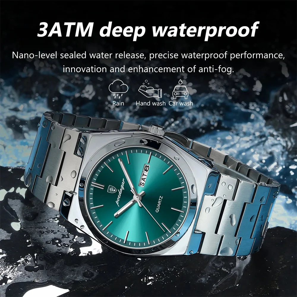 POEDAGAR-Reloj de pulsera de cuarzo para hombre, cronógrafo deportivo de lujo, resistente al agua, luminoso, con fecha y semana, de acero inoxidable