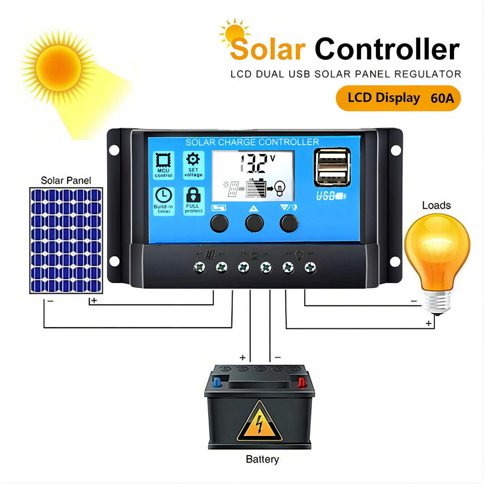 60A PWM Solar Charge Controller 12V 24V with LCD Display Dual USB Voltage Regulator for Solar Panel Photovoltaic Home System