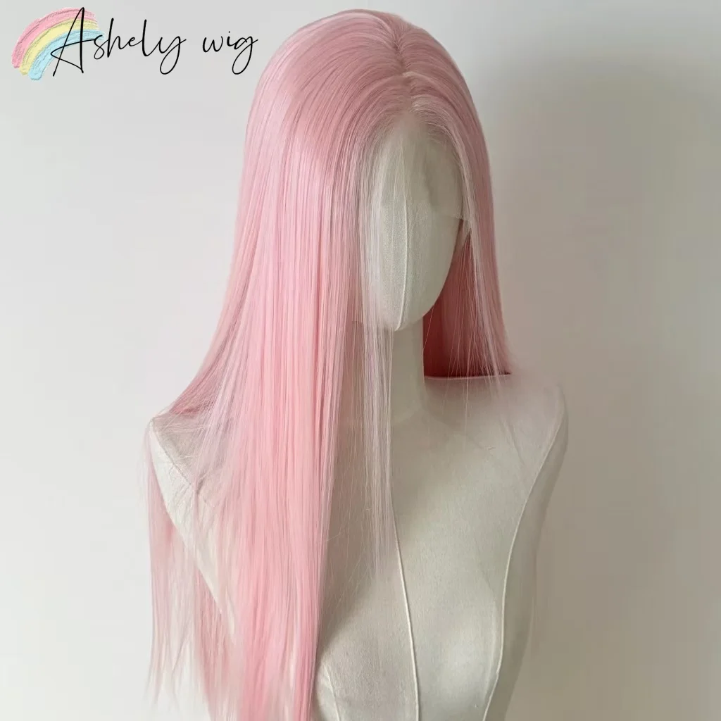 Hellrosa Perücke für Frauen, 13 x 4 Lace-Front-Perücke, 66 cm lange, gerade synthetische Perücken, weiche, natürliche, hitzebeständige Faser, Cosplay-Perücke