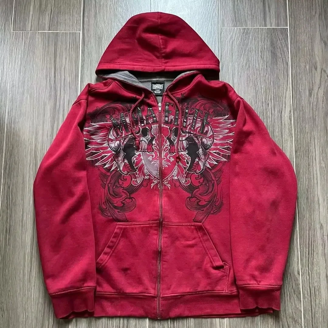 2000s nuevo algodón rojo pareja cremallera sudaderas con capucha Vintage Elite Full Zip Sudadera con capucha tamaño cráneo serpiente rojo Y2K sudaderas