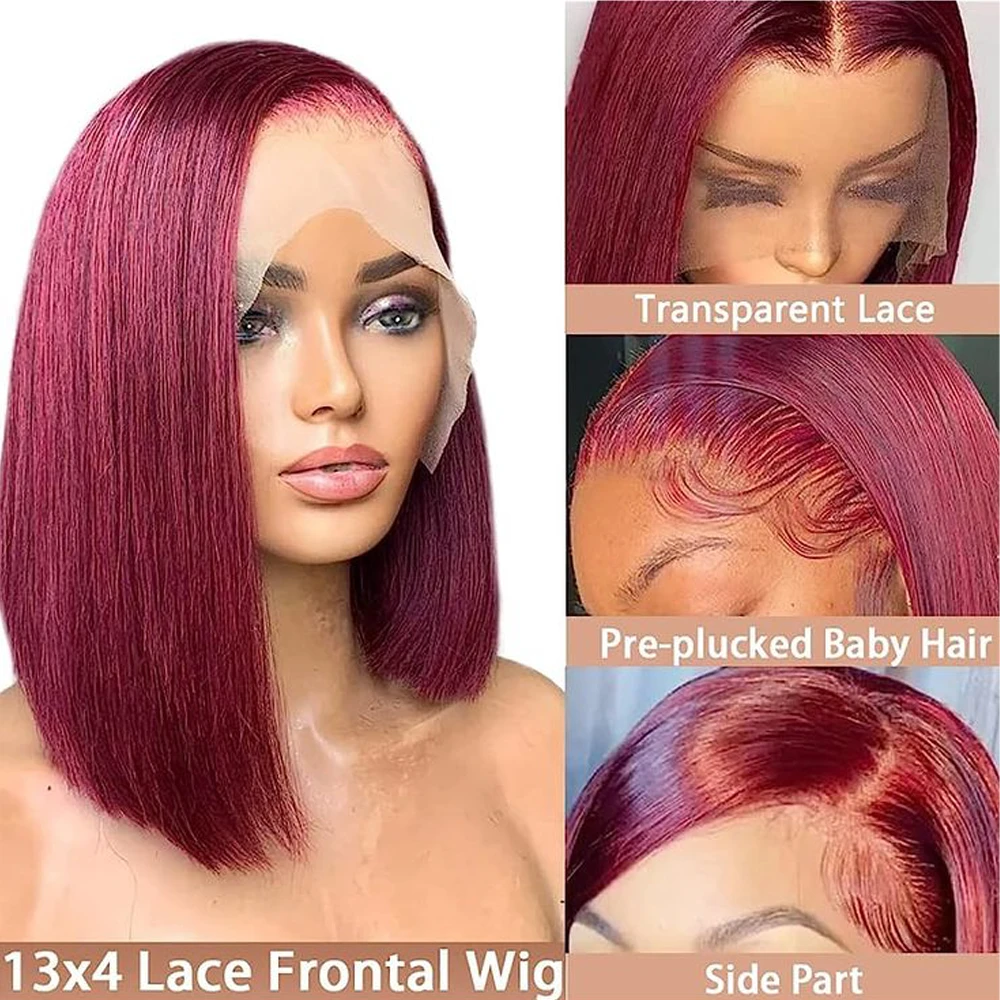 Cabelo humano em linha reta bob perucas 100% cabelo humano 99j cor borgonha sem cola bob peruca bob brasileiro em linha reta frente do laço humano