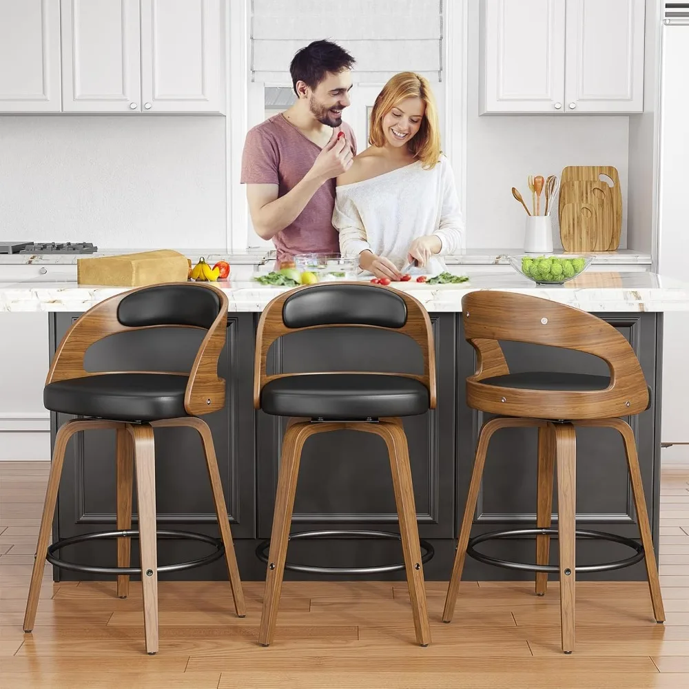 Swivel Bar Stools Set of 4, 26" Counter Height Bentwood Barstool, Mid-Century Modern PU Leather Upholstered Bar Chair with Back