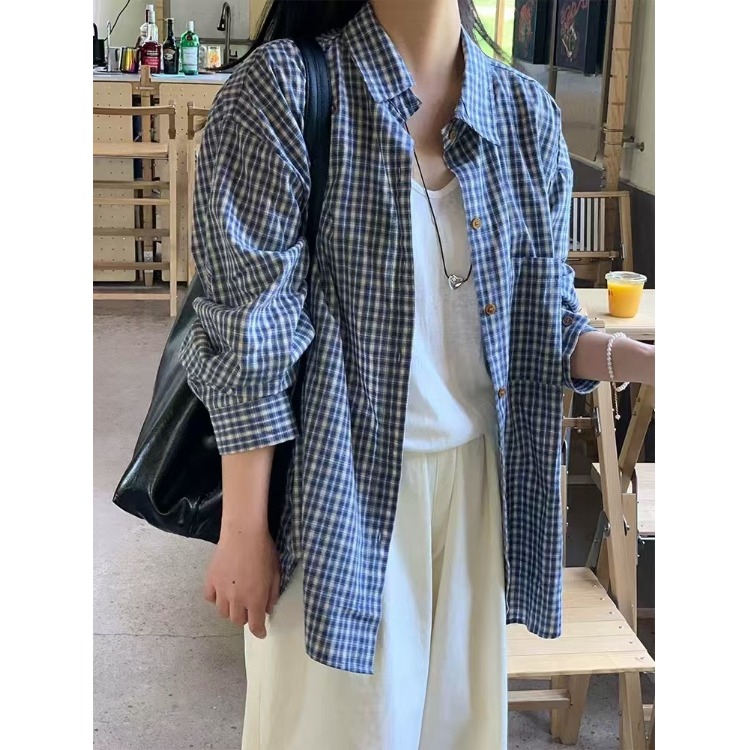 「MD」Casual Simplici Retro Blue Plaid Shirts Women Autumn Single-Breasted Polo Collar Plaid Shirt Loose Cardigan Outerwear