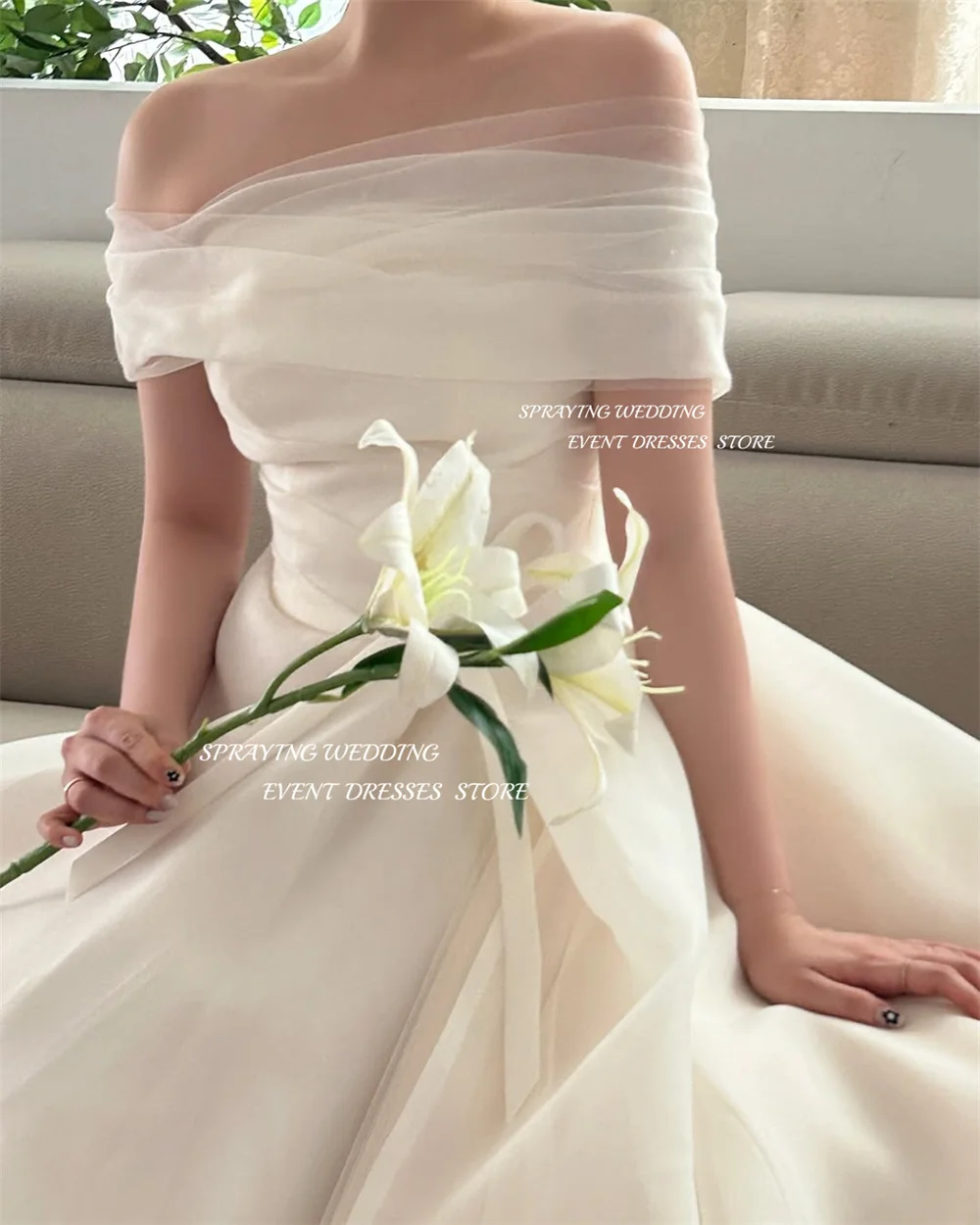 裸の肩,オーガンザ,地面の長さ,プリーツ,コルセット,カスタマイズされた韓国の結婚式の写真撮影ドレス,SPRAYING-Aラインのブライダルガウン