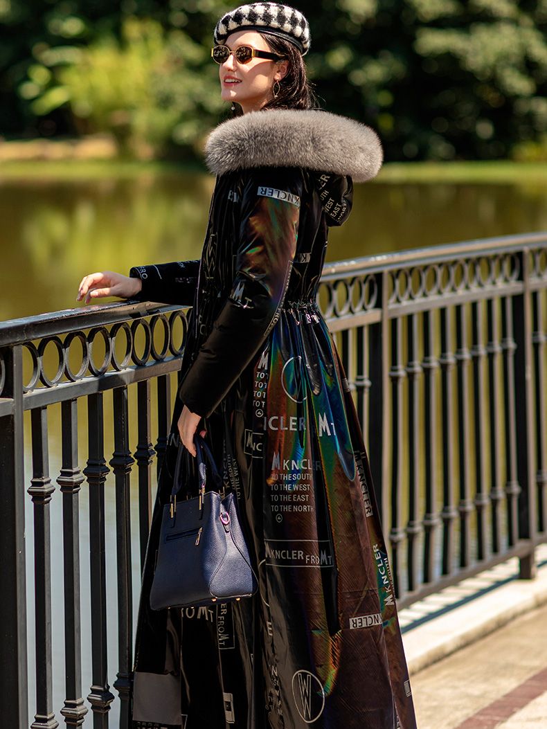 コートリアルフォックスファーコートフィット30 ℃ 130センチメートルスーパーロングの女性のダックダウンコート冬光沢のある暖かいふわふわダウンパーカー防水コートwy510