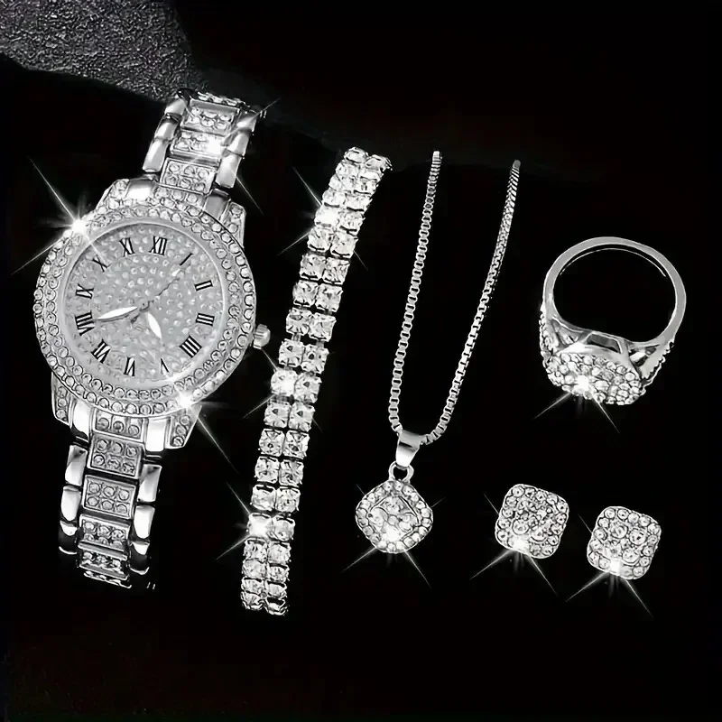 Conjunto de 6 uds de Reloj para mujer, Reloj con esfera romana, diseño de marca de lujo, Reloj de pulsera informal de cuarzo para mujer, conjunto de pulsera para mujer, Reloj para mujer