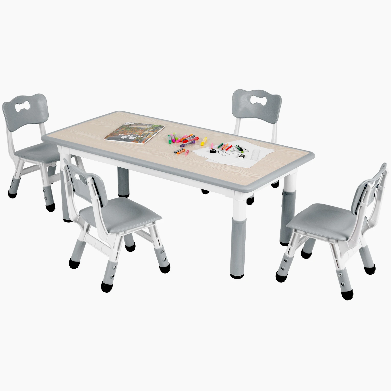AOOU 47.2‘’ Kid Table and 4 Chairs Set, Height Adjustable Toddler Study Table&Chair Set for Age 2-10, Multi-Activity Art Table