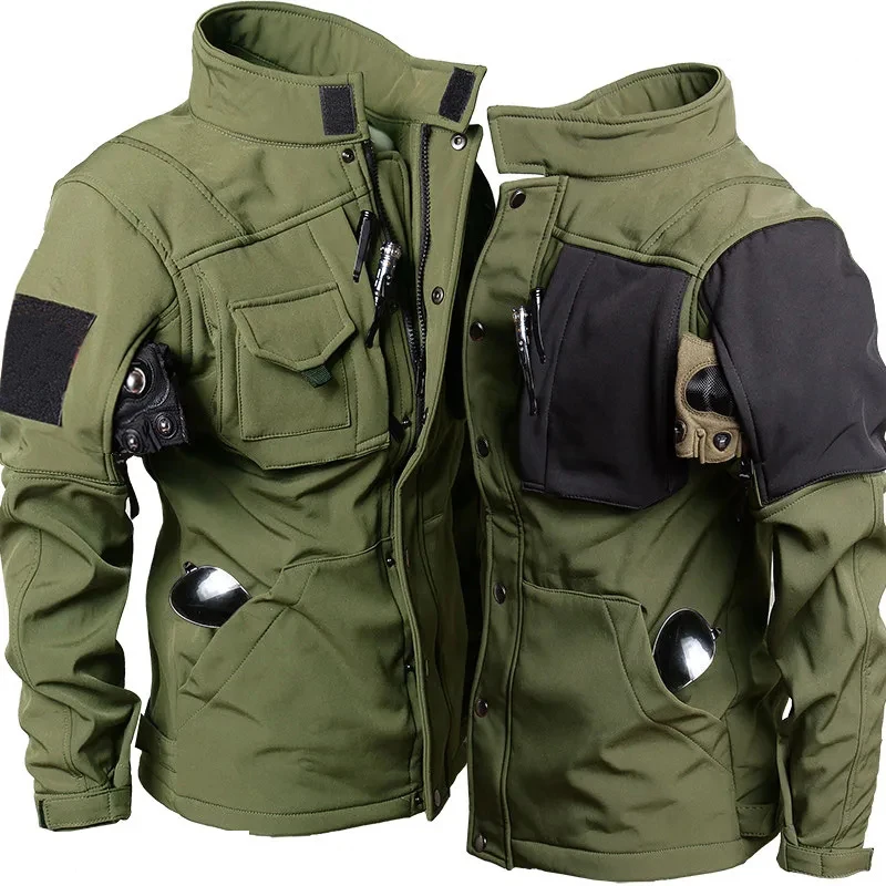 ทหาร Shark Skin Soft Shell ชุดผู้ชายฤดูหนาว Multi-pocket สวมใส่ขนแกะเสื้อแจ็คเก็ต + กางเกงกันน้ํา 2 ชิ้นชุด