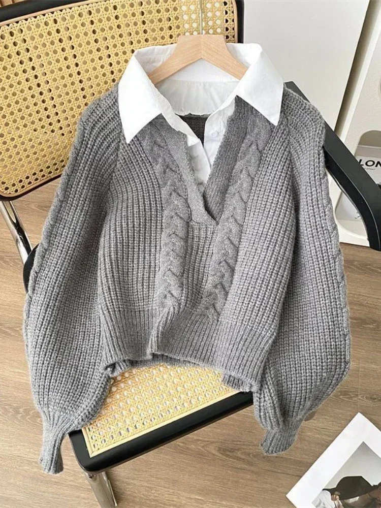2024 Otoño/Invierno moda nueva mujer estilo de desplazamiento coreano elegante Sudadera con capucha de punto falso cuello de dos piezas Jersey Retro