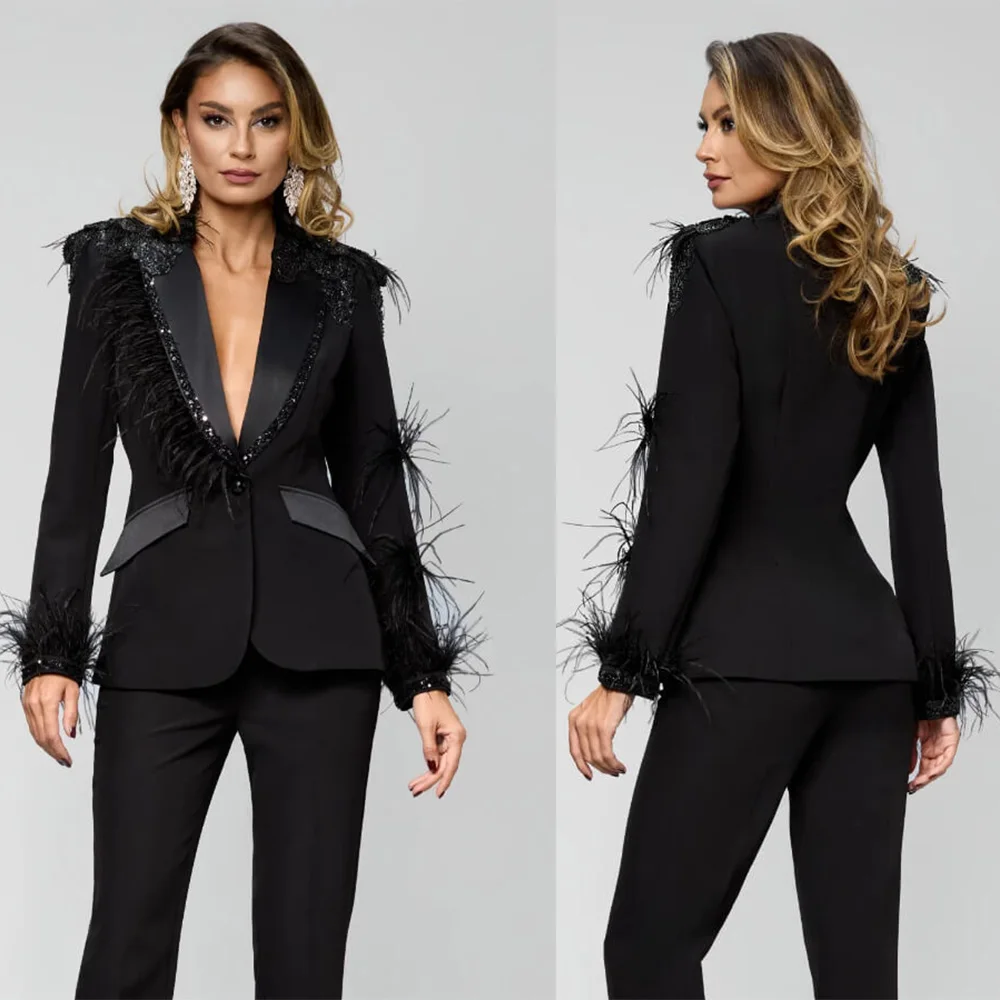 Formelle Kleider für Damen, Anzugkleider, elegant, spitzes Revers, Federjacke, Mantel und Hose für Damen, 2-teilige Anzüge, individuell gestaltet