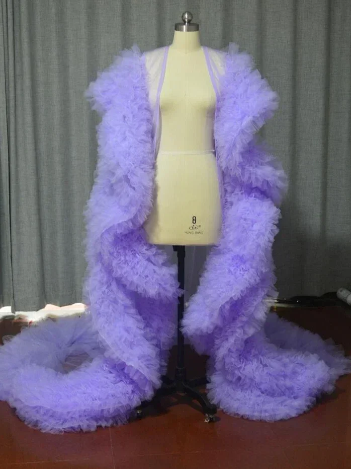 หรูหราชุดยาวเต็มรูปแบบ ruffles Cape เสื้อคลุม Tulle ชุดแต่งงานแฟชั่น STAGE เสื้อคลุม CUSTOM PARTY PROM ชุด