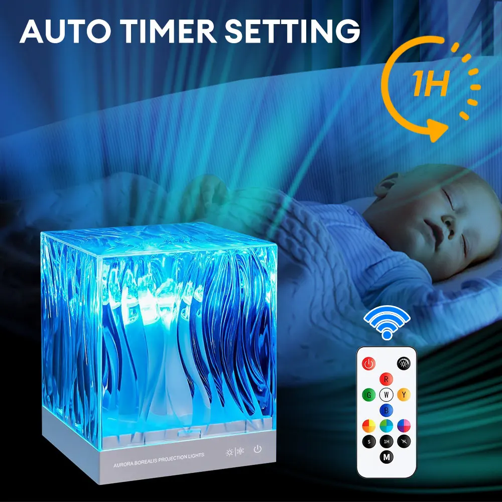 Dynamisches Aurora-Licht, Wasserwellen-Projektor, Nachtlicht mit Timer, Fernbedienung, 17 Farben, Kristalllampe für Schlafzimmerdekoration