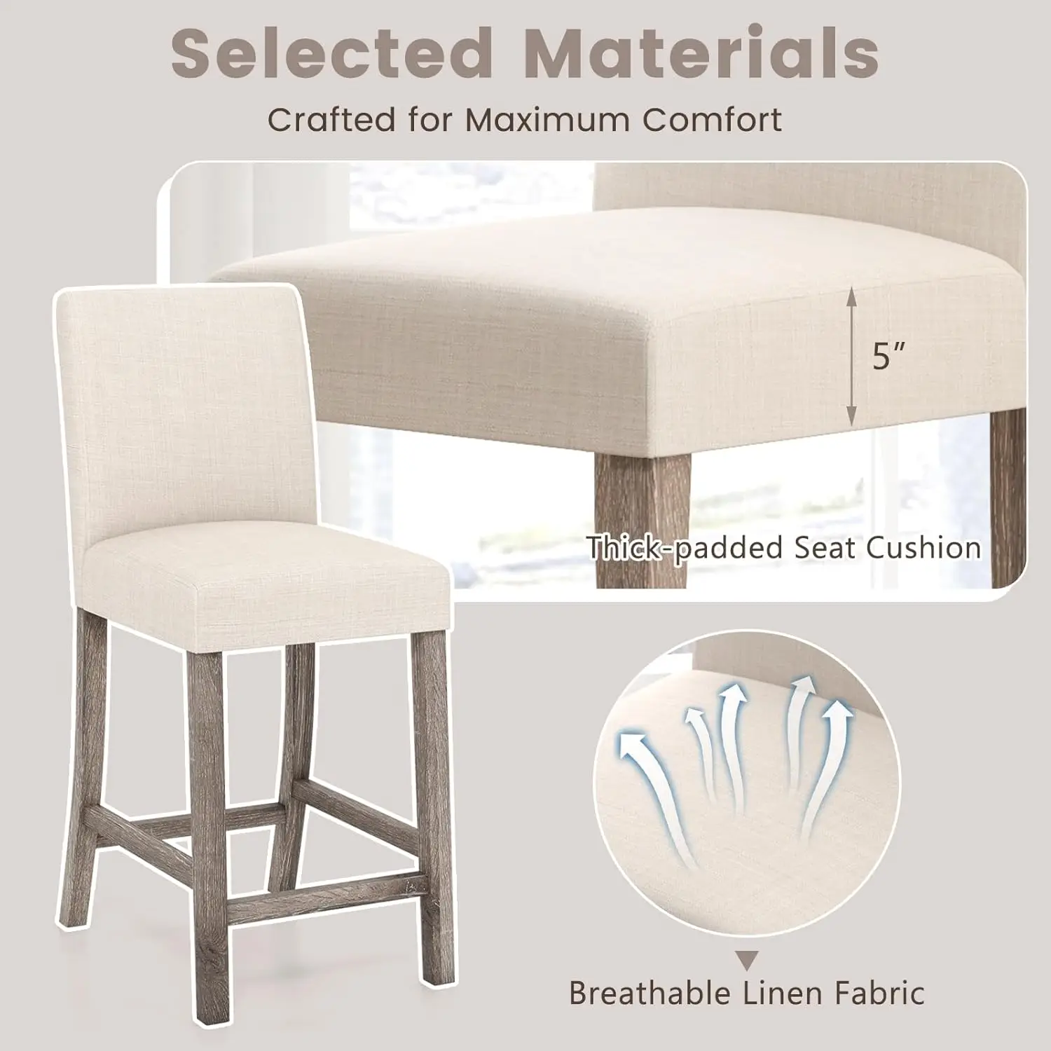 Bar Stools Counter Height Set of 2, 24.5" Modern Fabric Bar Chairs with Back, Footrest & Solid Wood Legs, Upholstered Wo