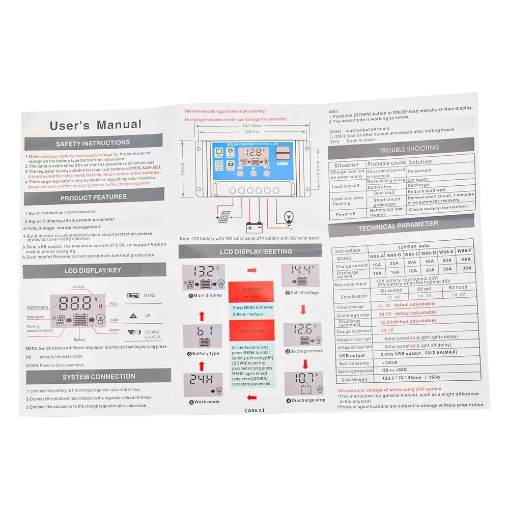 ตัวควบคุมการชาร์จพลังงานแสงอาทิตย์ 12V/24V PWM 10A 30A พร้อมการตั้งค่าตัวจับเวลาจอแสดงผล LCD แบบปรับได้