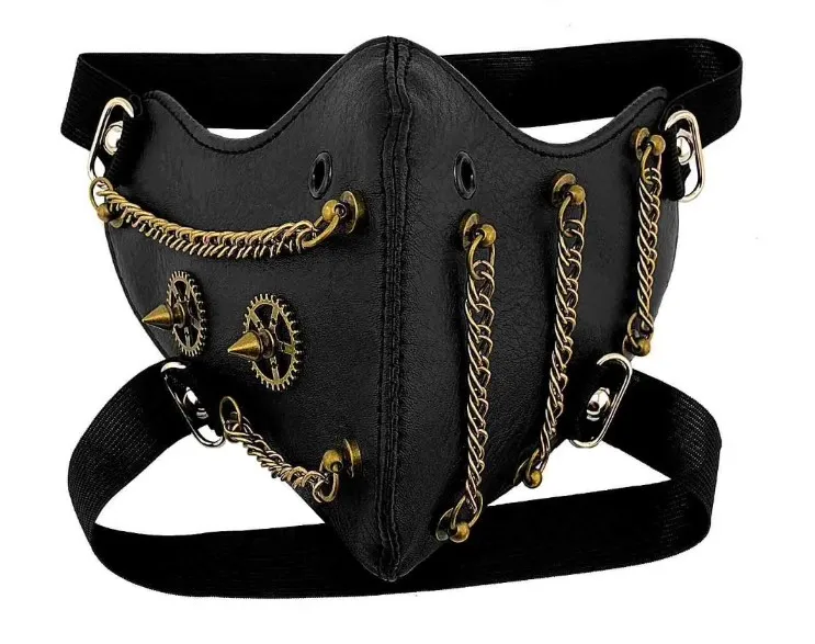 Masculino feminino preto couro do plutônio rebite punk corrente máscara senhora respirável festa cosplay halloween boca-muffle r1423