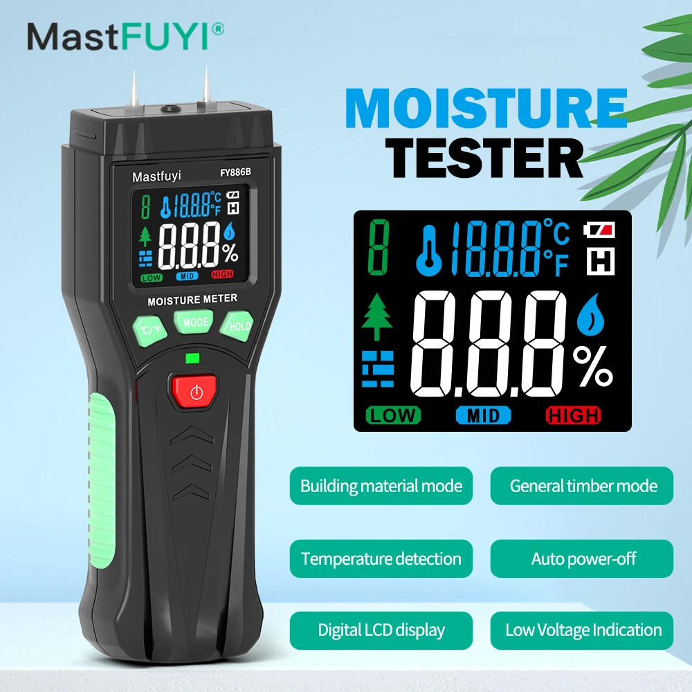 MASTFUYI Handheld Portable Digital Moisture Meter Wood Humidity, Building Materials, Ambient Temperature Detection Color Screen