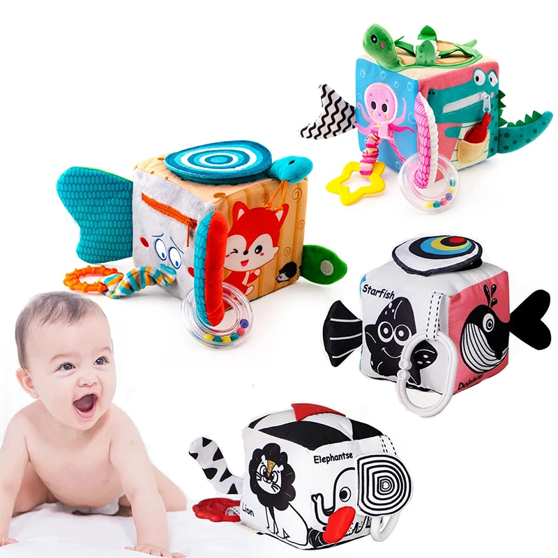 Soft Cloth Cube Educational Baby Toy Activity Sensory Building Block Crib Stroller Hanging Toys Baby Plush Rattles Mobiles Toys