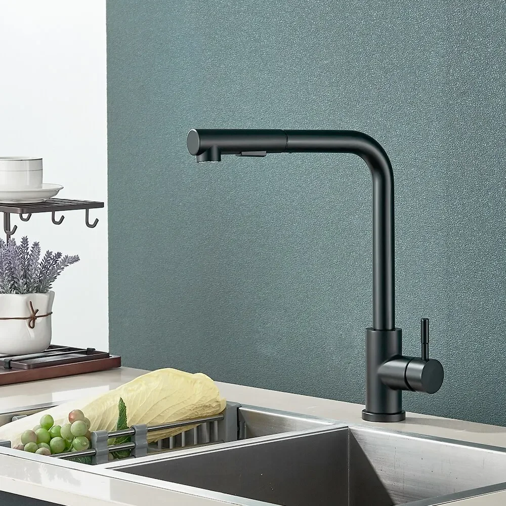 Rubinetto per lavello da cucina estraibile nero Flessibile 2 modalità Rubinetti con ugello flessibile e spruzzatore Rubinetto miscelatore acqua calda fredda in acciaio inossidabile