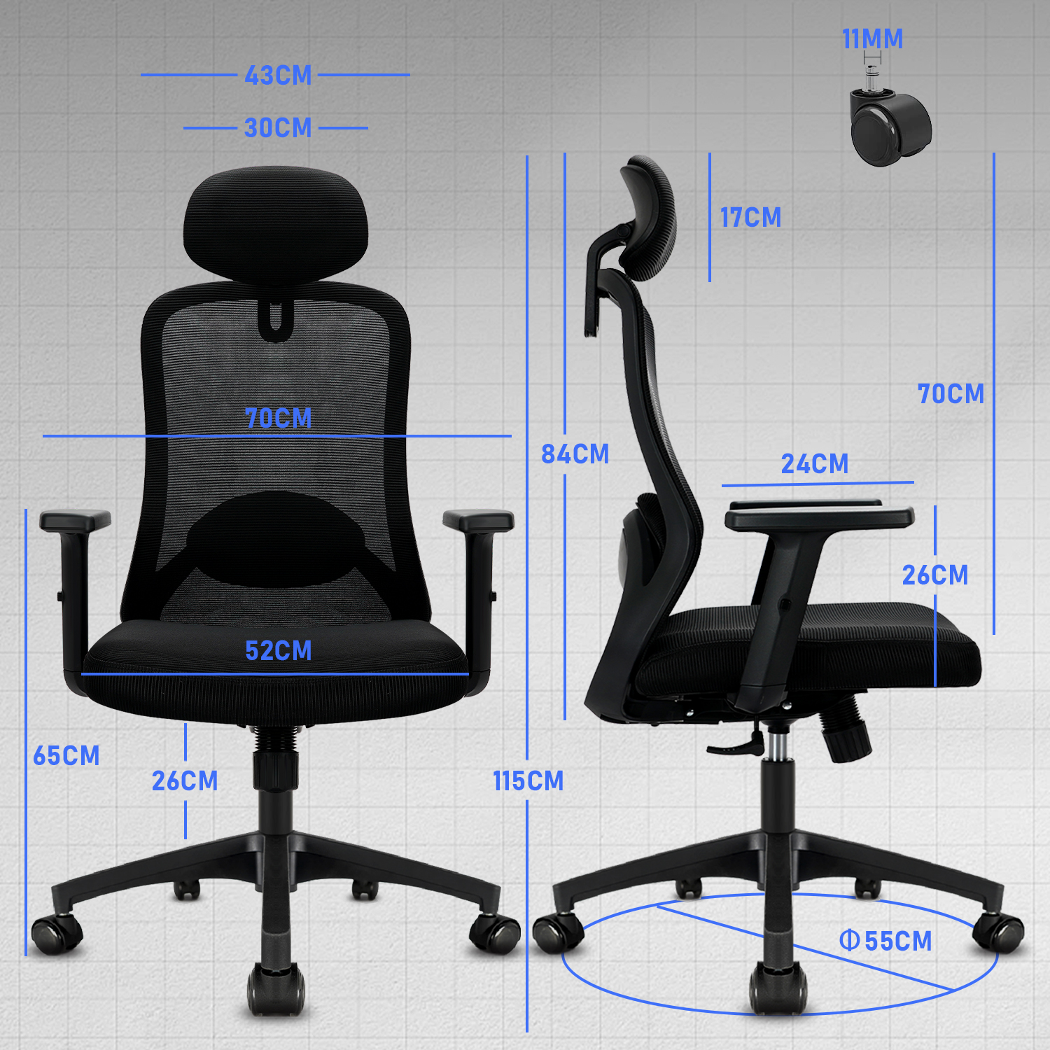 Milacyee Ergonomische computerbureaustoel, thuiskantoorstoel met hoge rugleuning, verstelbare hoofdsteun en lumbale kantoor heeft 90 ° -130 °   Recl