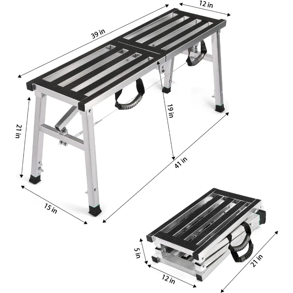 Folding Work Platform 39(L) x12(W) Height Adjustment 19-27(H) Portable Steel Step Ladder Stool for Home, Office, Workshop and Ga