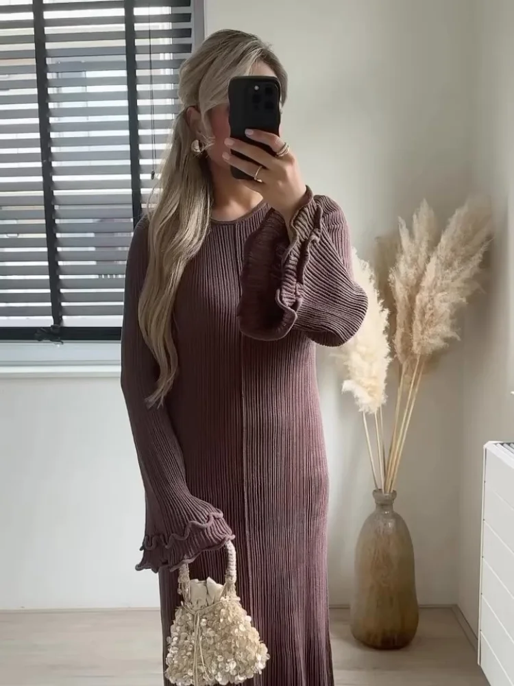 Vestido largo de punto con volantes para mujer, prenda con Espalda descubierta, cuello redondo, mangas acampanadas, 2024